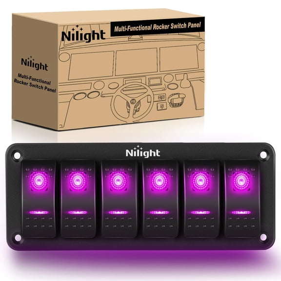 Nilight 6 Gang Rocker Switch Panel with Purple LED Light 5 Pin On Off Pre-Wired Aluminum Toggle Switches Waterproof for 12V/24V Cars Marine Boats ATVs Trailers RV Trucks