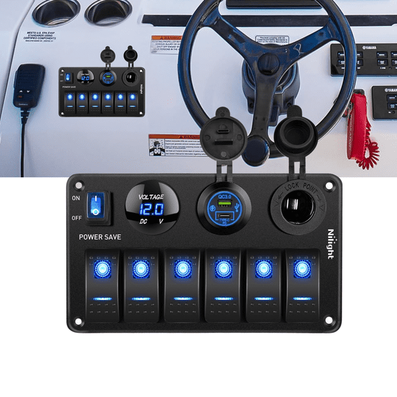 Nilight 6 Gang Rocker Switch Panel Waterproof Aluminum Marine Control Panel with PD Type-C USB Charger Cigarette Lighter Socket Voltmeter Main Power Switch 12V 24V for Car Truck Boat RV