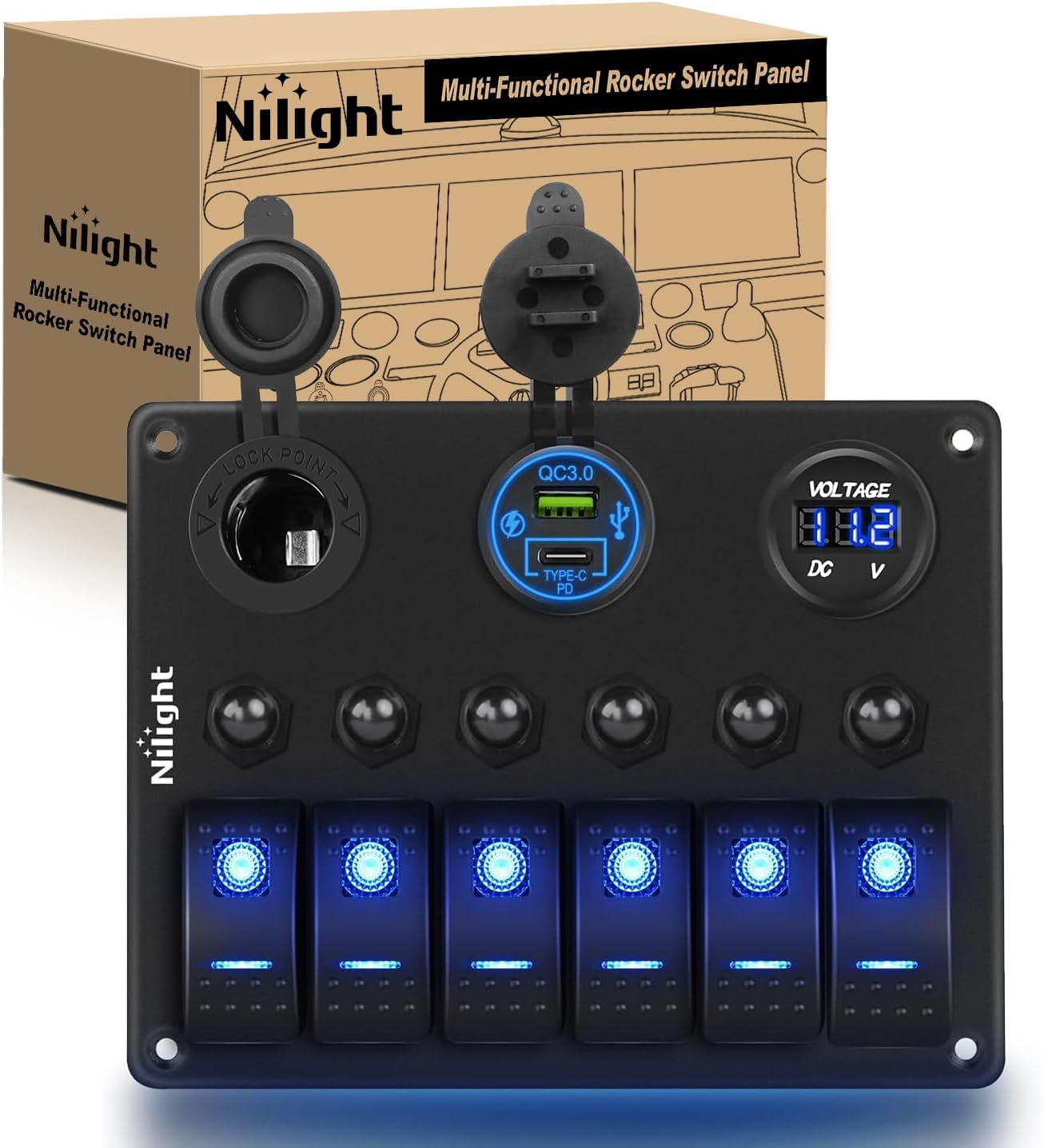 Nilight 6 Gang Rocker Switch Panel Waterproof Pre-Wired Aluminum Panel ...