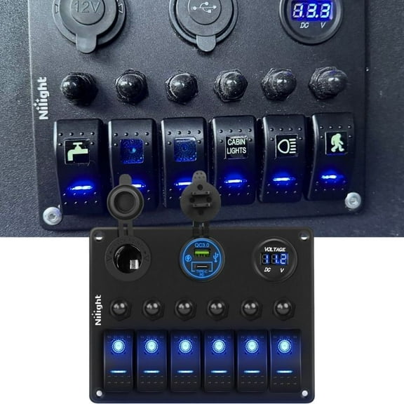 6 Gang Rocker Switch Panel with Waterproof Pre-Wired Aluminum Panel with PD Type C and USB Cigarette Lighter Socket Voltmeter 12V/24V ON Off Switch Panel for Car Trucks Boats RVs