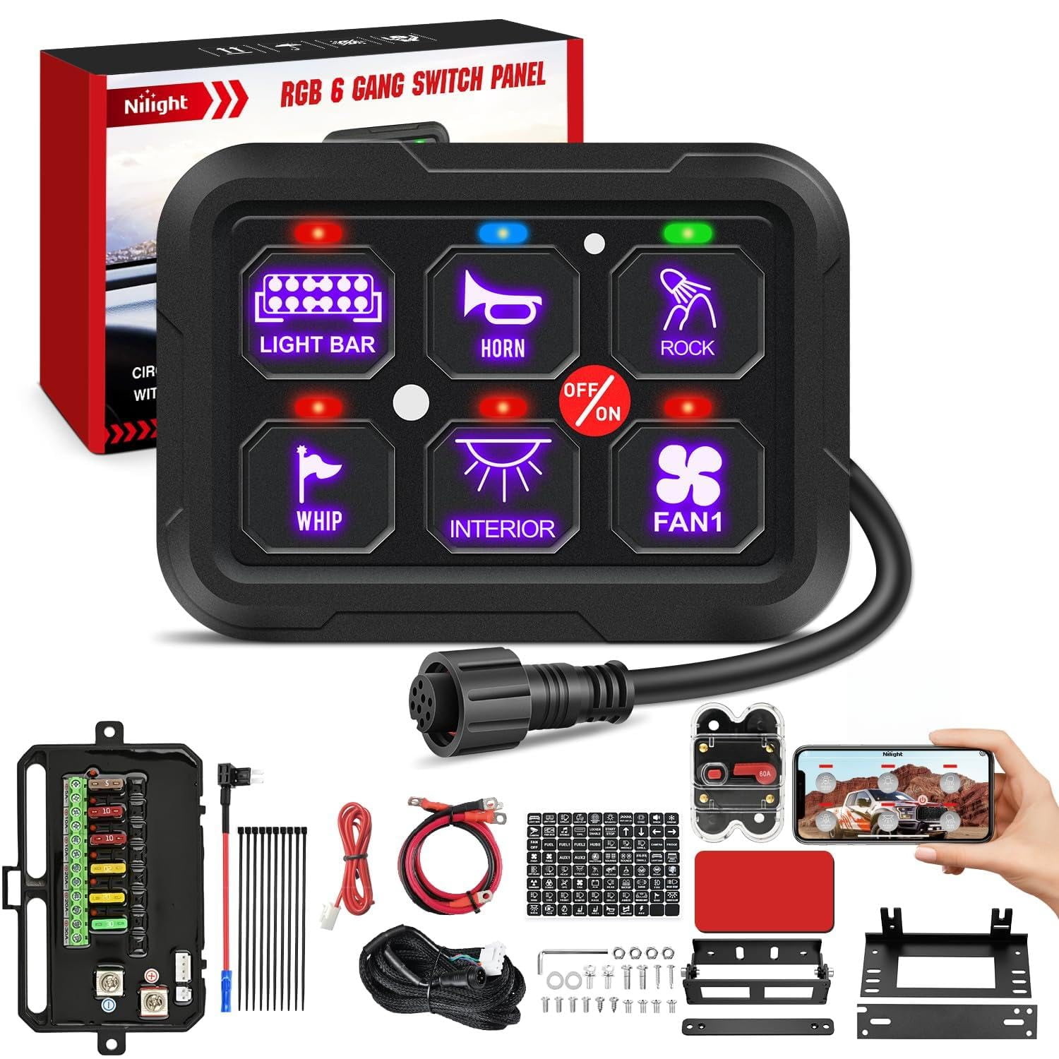 Nilight 6 Gang Switch Panel 12V 24V Universal Circuit Control Relay System with RGB Backlight APP Control Fuse Wiring Harness Automatic Dimmable ON Off LED Switch Pod for Car Pickup Truck Camper SUV