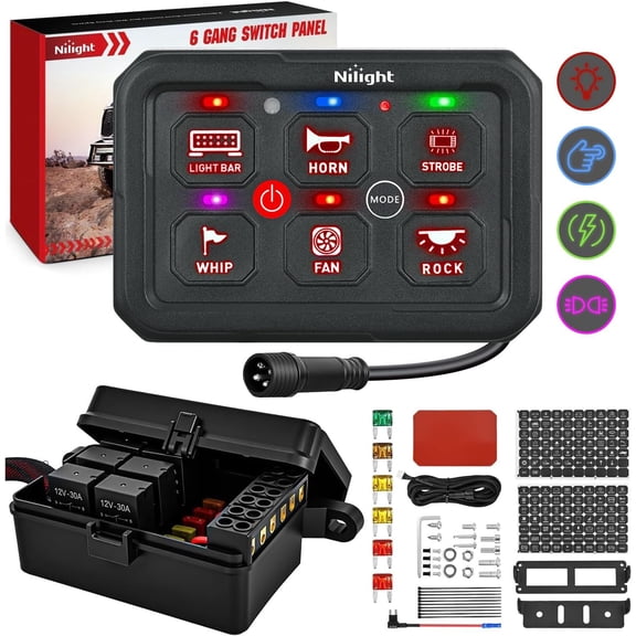 Nilight 6 Gang Switch Panel Red Circuit Control Relay System with Fuse Wiring Harness Toggle Momentary Strobe Flash Modes Automatic Dimmable ON Off Pod 12V 24V for Car Truck Camper SUV