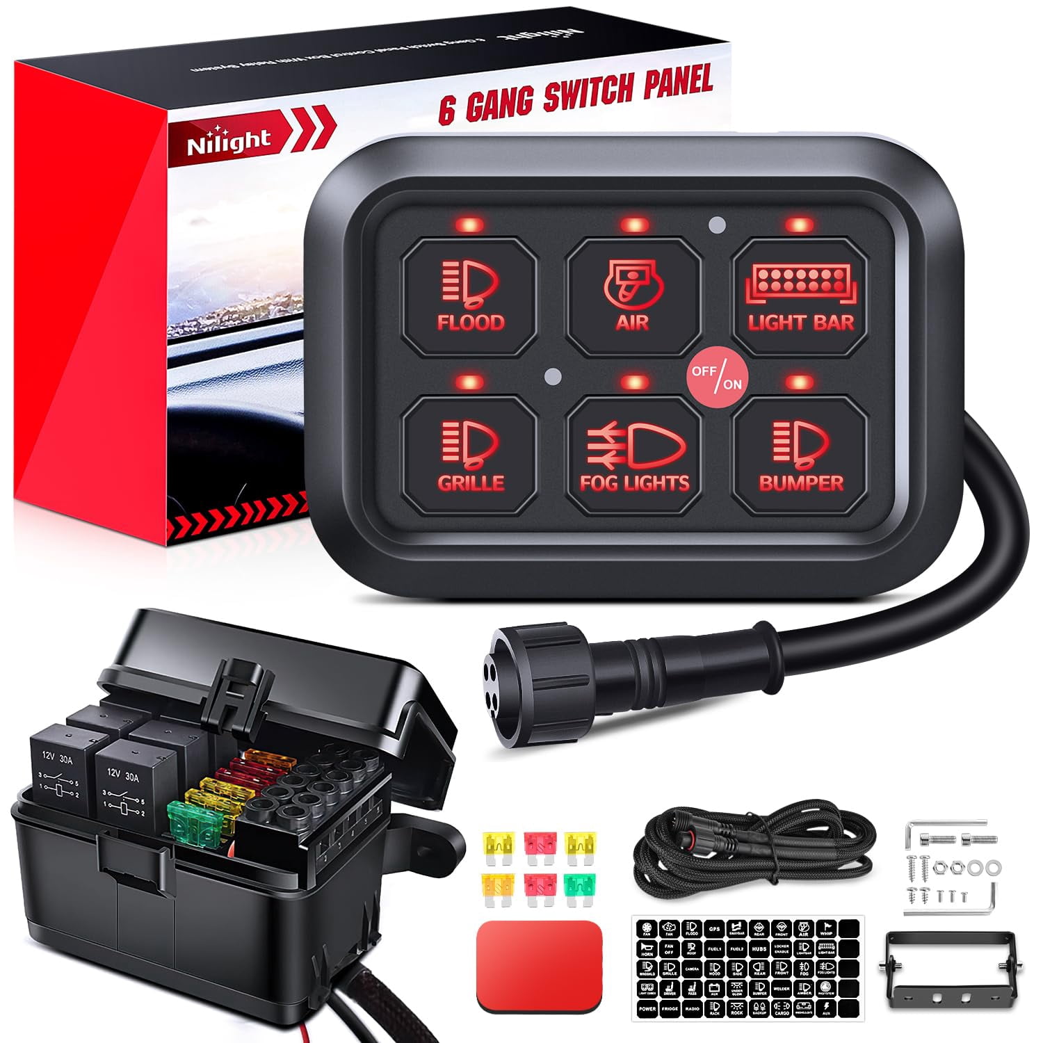 Nilight 6 Gang Switch Panel Universal Circuit Control Relay System with ...