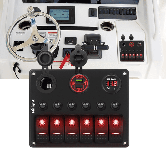 Nilight 6 Gang Waterproof Switch Panel with Resettable Circuit Breakers, PD Type-C & USB Charger, Digital Voltmeter & 12V Socket, Pre-Wired 12V/24V Aluminum Control Panel for RV Boat Truck (Red)