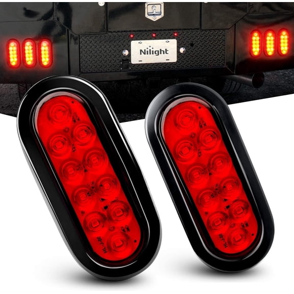 Nilight 6" Red Oval LED Trailer Tail Lights, 2-Pack Stop Turn Brake Light Kit with Surface Mount, Grommets & Plugs, IP65 Waterproof for RV, Truck, Jeep, Trailer