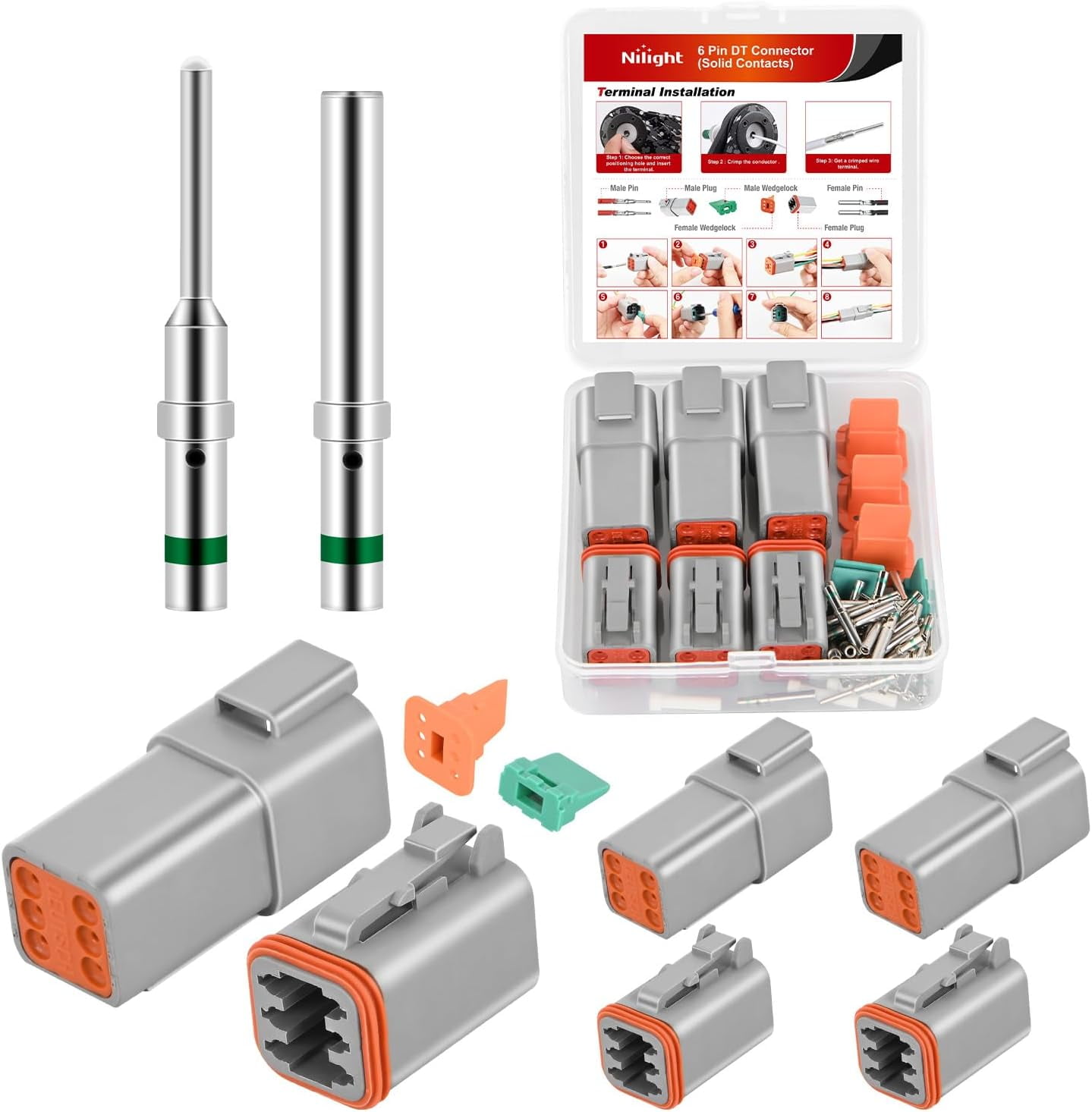 Nilight 6 PIN DT Connector Kit 3 Sets Size 16 Solid Contacts Waterproof Male Female Terminal for 14-20 AWG DT Series Connectors Car Truck Motorcycle Off-Road Vehicles Boat