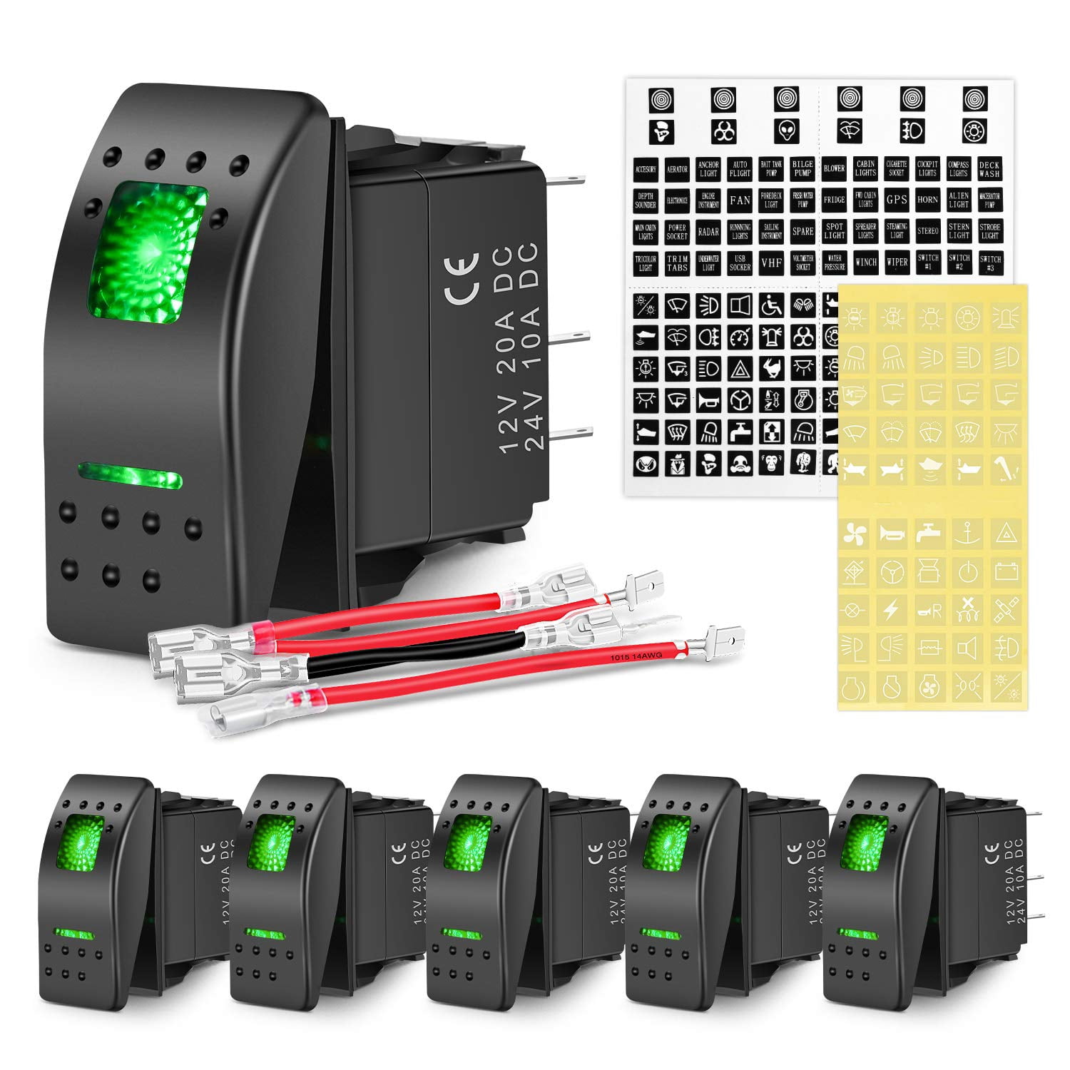 Nilight 6 Pack Rocker Switches with Night Glow Stickers 5 PIN SPST Rocker Switches with Green Backlit 12V/24V Toggle Switches for Cars Trucks RVs Boats Auto Motorcycles,2 Years Warranty