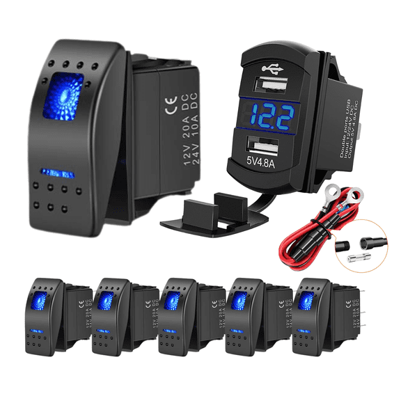 Nilight 6 Pcs Blue LED Rocker Switch Panel and Dual USB Charger Socket with Voltmeter, 12V 20A Waterproof Power Control and Charging Kit for Truck RV Boat UTV ATV