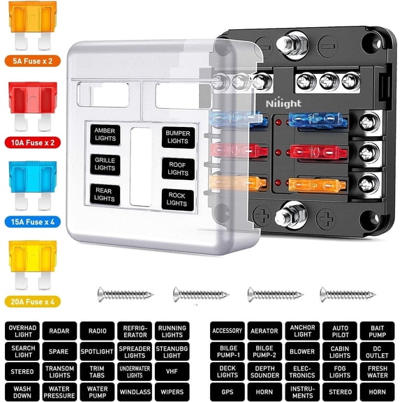 Nilight - 6 Way Blade Screw Fuse Block 6 Circuits with Negative Bus Fuse Box Holder with LED Indicator ATO/ATC Fuse Panel Waterproof Cover for 12V Automotive Cars Marine Boats RVs Trailers