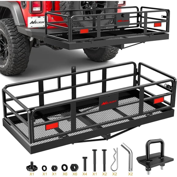 Nilight 60" x 24" x 14.4" Carrier with Stabilizer Fits 2-inch Receiver 500 Lbs Heavy Duty Capacity Luggage Basket Fold Up for SUV Pickup Camping Traveling Capacity Basket