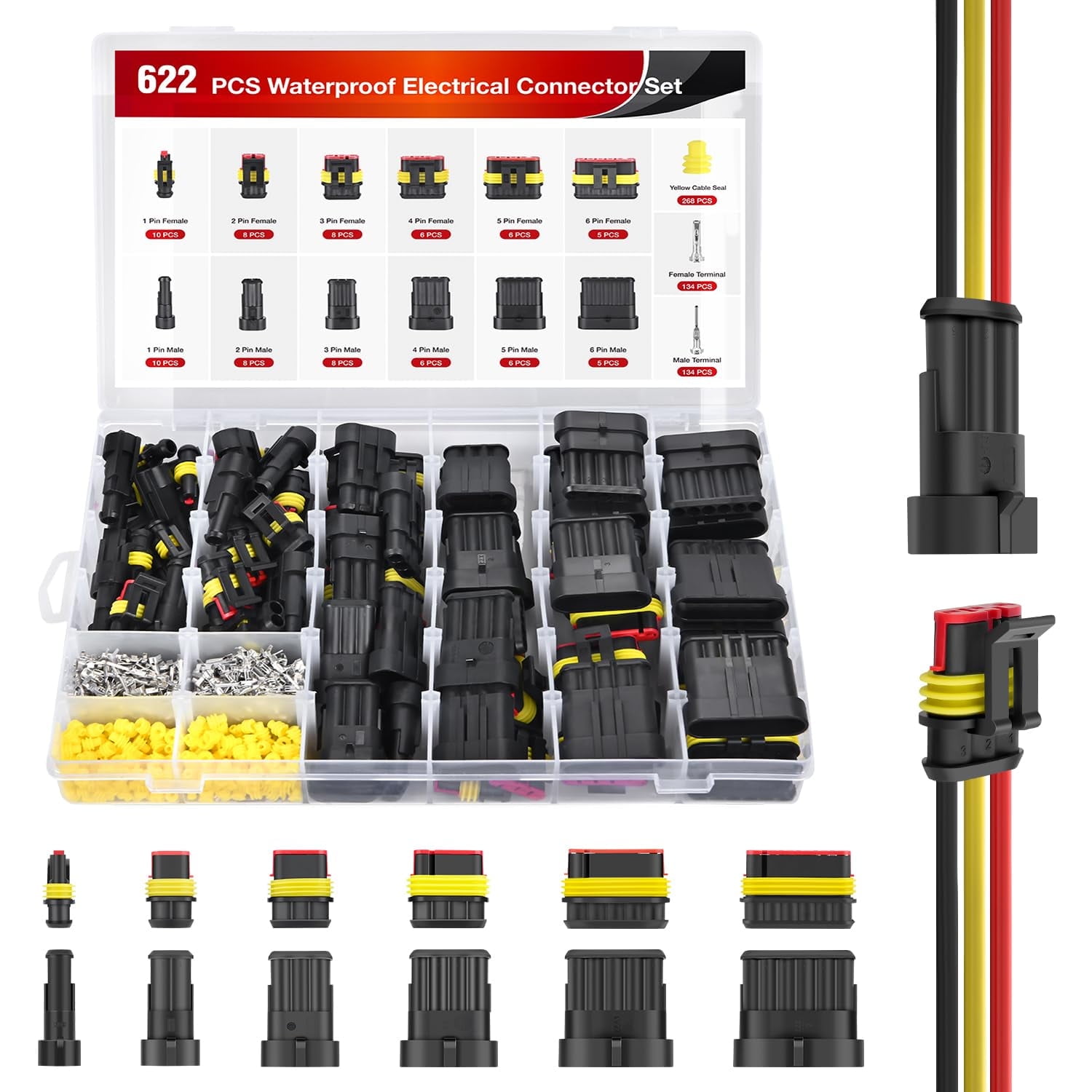 Nilight 622PCS 1 2 3 4 5 6 Pin Electrical Connector Plug Male Female Terminal Wire Connector Waterproof Quick Connect Set for Car Truck Motorcycle Marine Boat 43 Sets, 2 Years Warranty