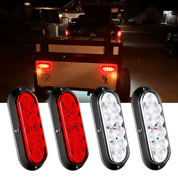 6" Oval Red White LED Rear Stop Brake Turn Signal Lamp for Truck RV Boat Bus Van Car 4 Pcs Surface Mounted Rear Lamps