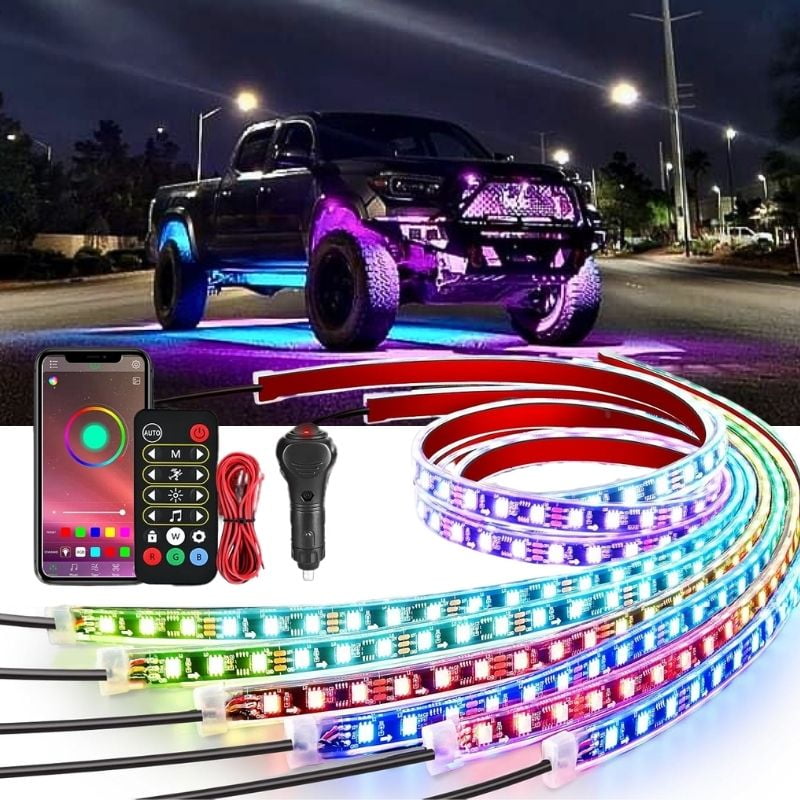 6Pcs Car Underglow Neon Accent Strip Lights 300 Leds Multi Color RGB Color Sound Active Function Music Mode with APP Control and Wireless Remote Control Underbody Light Strips for Car Van SUV Truck