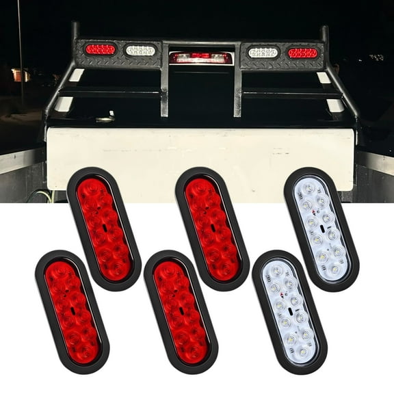 6Pcs 6 Inch Oval LED Trailer Tail Lights Red White 10 LED, Oval Led Stop Turn Tail Lights Brake Reverse Back Up Trailer Lights w/Flush Mount Grommets Plugs IP67 Waterproof for RV Truck Bus