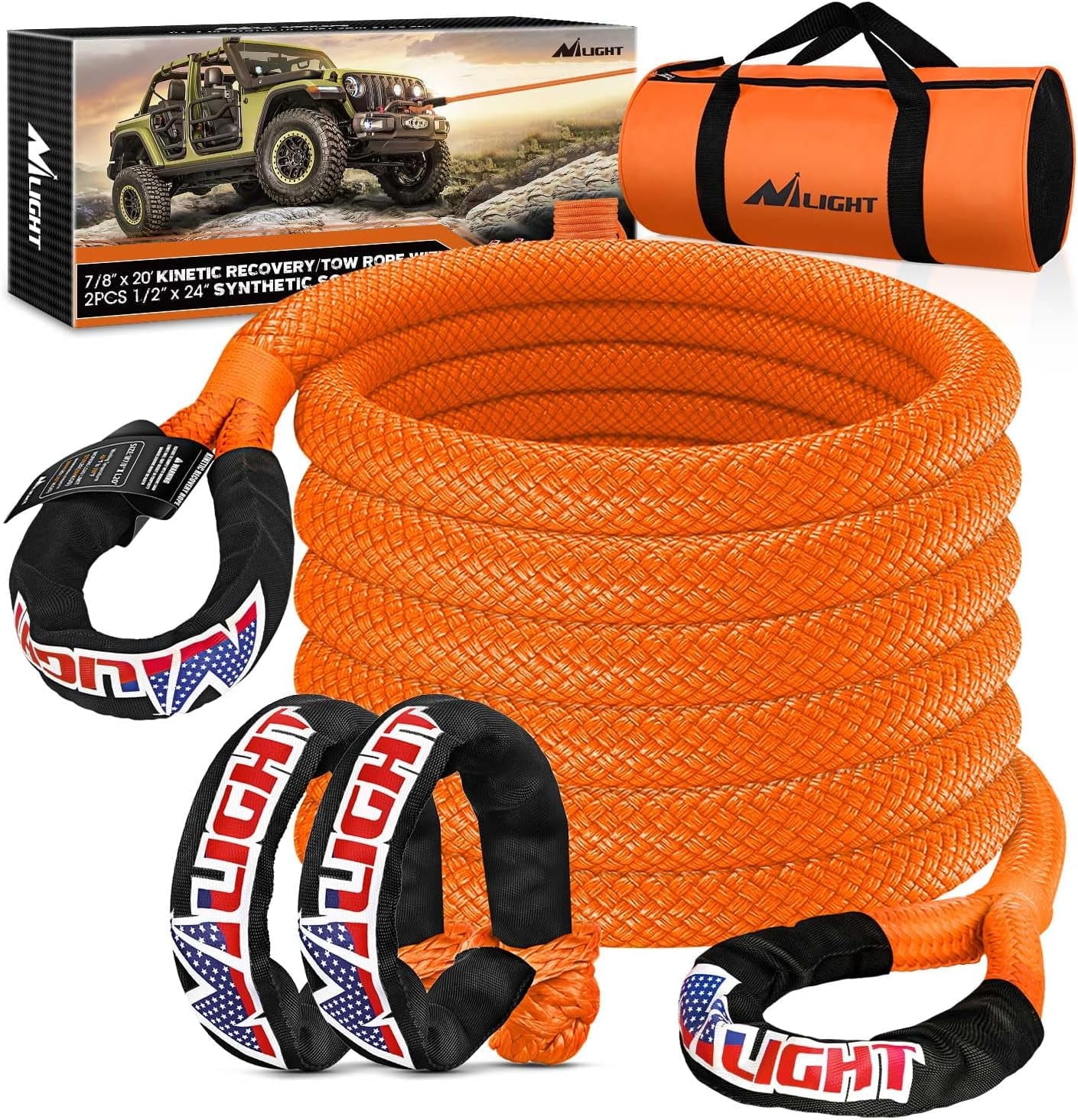 Nilight 7/8in x 20ft Kinetic Recovery Rope (28,600LBS) with 2PCS 1/2 ...