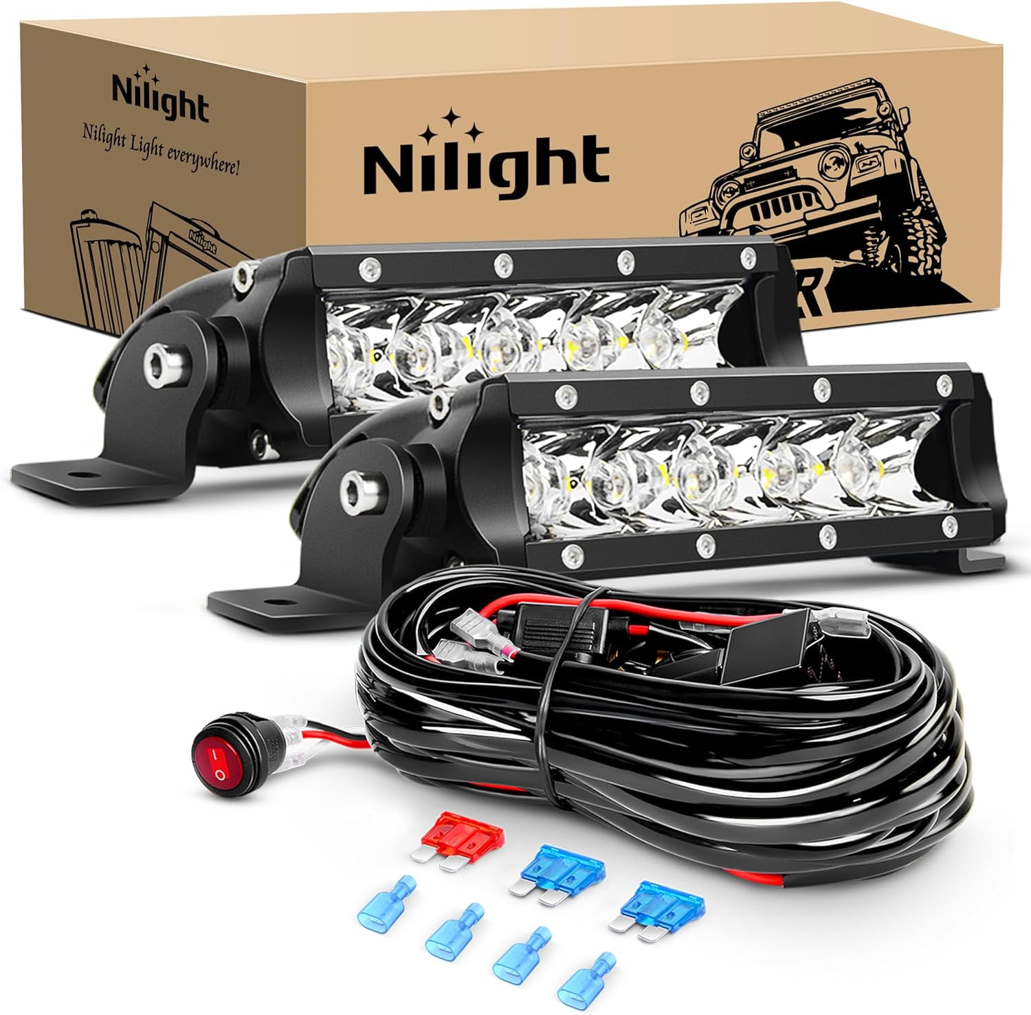 Nilight Led Pods 7 Inch 30W Super Slim Spot LED Light Bar Off Road Lights Driving Fog Lights with 16AWG Wiring Harness Kit-2 Leads for Van Camper Car Pickup Golf Cart ATV UTV SUV Truck Boat 4x4