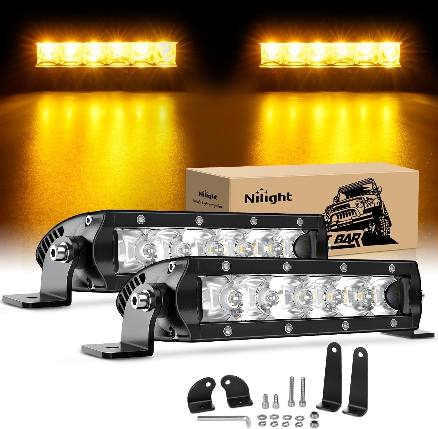 Nilight 7 Inch Amber Single Row Led Light Bar Super Slim 2PCS 30W Spot Driving Fog Off Road LED Lights Bumper Lights for Trucks Motorcycle Bicycle ATV 2 Style Mounting Brackets, 2 Years Warranty