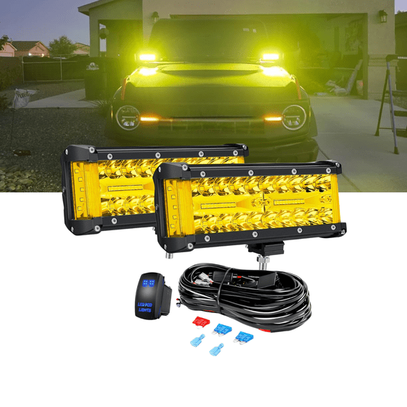 Nilight 7 Inch Triple Row LED Side Shooter Light Bar, 2PCS Yellow Beam Spot Flood Combo Pods with 5Pin Rocker Switch Wiring Harness Kit for Truck SUV ATV UTV Off Road Lighting