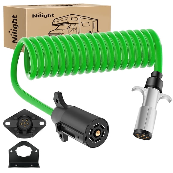 Nilight 7 Pin to 6 Pin Trailer Adapter 7 Wire to 6 Wire Trailer Plug Coiled Cord Weatherproof 7 Way Blade to 6 Way Round Towing Wiring Kit 8 FT with Female Receptor Mounting Bracket