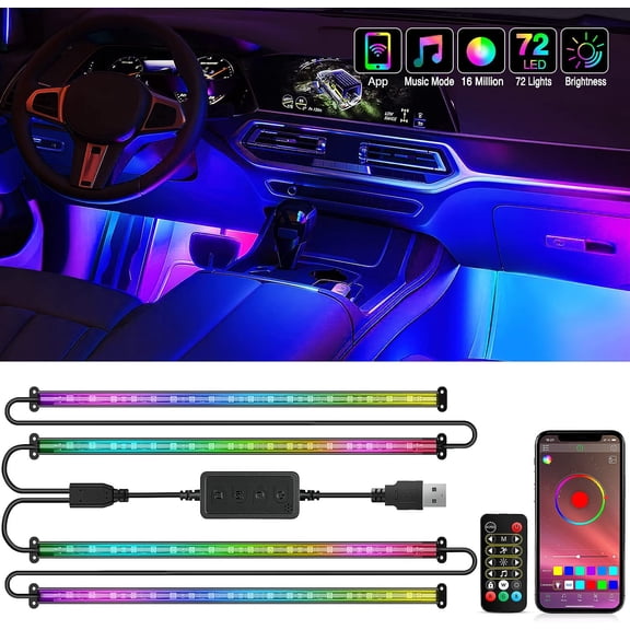 Nilight 72 LED USB Interior Strip Lights Dream Color RGB-IC 12V DC with App RF Remote Control Multicolor Footwell Under Dash Chasing Inside Light Kits 2 Lines Music Sync Mode for Cars Truck ATV UTV