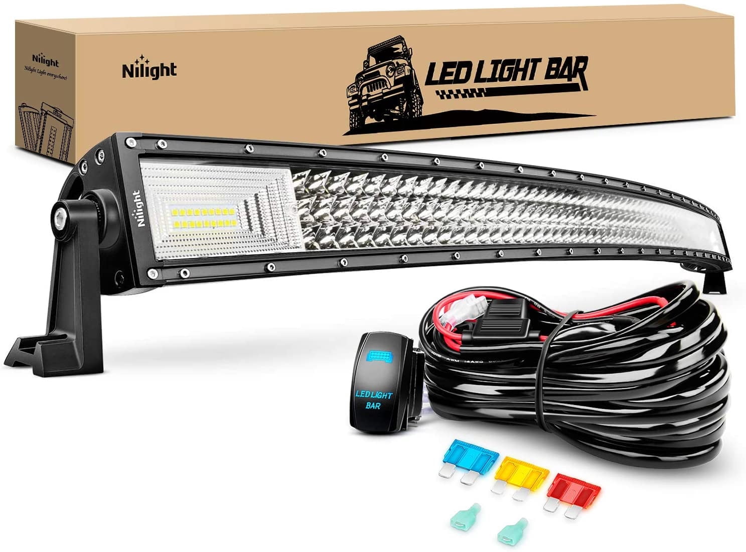 Nilight 52Inch 783W Curved Triple Row Flood Spot Combo Beam Led Bar 78000LM Driving Lights with 12AWG Heavy Duty 12V 5Pin Rocker Switch Wiring Harness Kit-1 Lead,waterproof