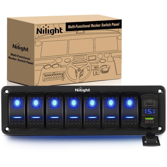 Nilight 7 Gang Rocker Switch Panel with PD Type C and USB Charger Voltmeter 12V SPST ON Off Toggle Switches with Blue Backlit Waterproof Aluminum for Boats Cars RVs Trucks