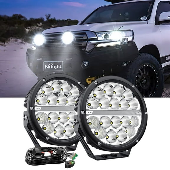 Nilight 7inch Round Led Offroad Driving Lights with DRL 2Pcs 90W 9850LM IP68 Spot Flood Combo Work Light with 12AWG DT Connector Wiring Harness Kit for 4x4 Truck ATV UTV SUV