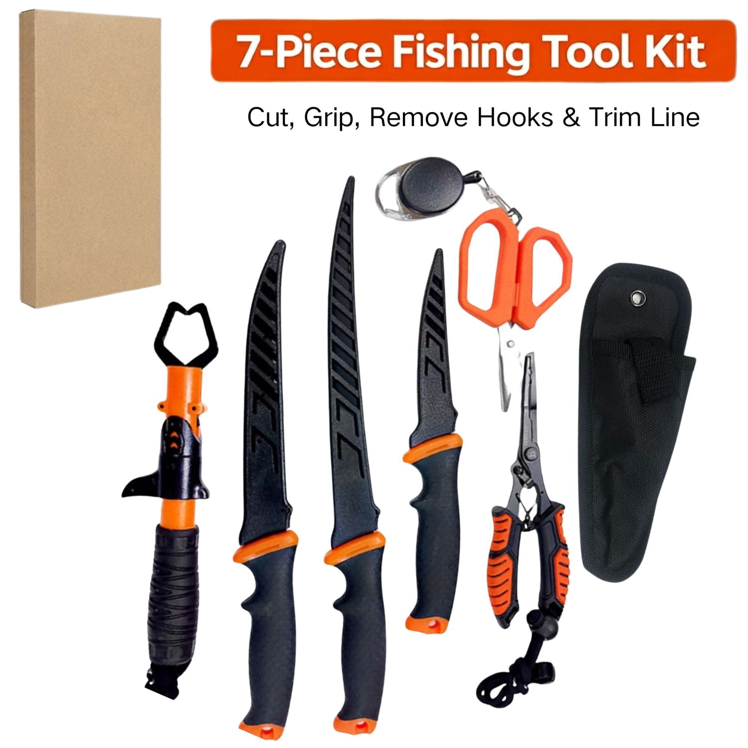 Nilight 7pcs Fishing Tools Kit- Fishing Plier, Fish Lip Gripper, Fillet Knife, Scissors, Fishing Accessories and Equipment, Fishing Gifts for Men