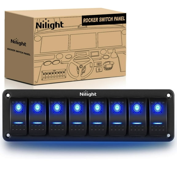 Nilight 8 Gang Aluminum Rocker Switch Panel Toggle Dash 5 Pin ON/Off Pre-Wired Rocker Switch Blue Backlit Switch for Automotive Car Marine Boat RV,2 Years Warranty
