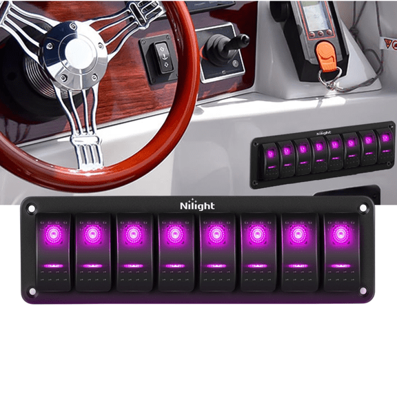 Nilight 8 Gang Rocker Switch Panel Purple LED 5 Pin SPST ON Off Pre-Wired Waterproof Aluminum 12V 24V for Car Boat RV ATV Truck