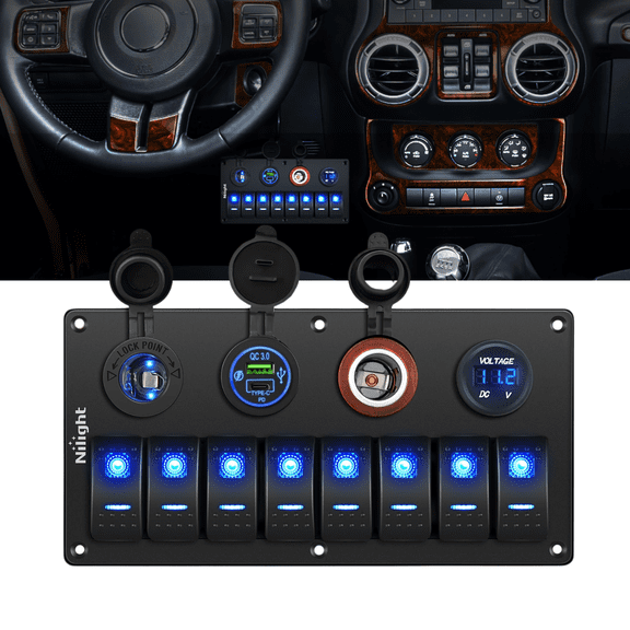 Nilight 8 Gang Rocker Switch Panel Waterproof Aluminum Marine with PD Type C & USB Charger Cigarette Lighter Socket Voltmeter Inline Fuse 12V 24V ON Off Pre-Wired Switches for Car Truck Boat