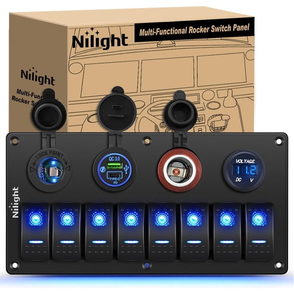 Nilight 8 Gang Rocker Switch Panel Waterproof Aluminum Marine with PD Type C & USB Charger Cigarette Lighter Socket Voltmeter Inline Fuse 12V 24V ON Off Pre-Wired Switches for Car Truck Boat