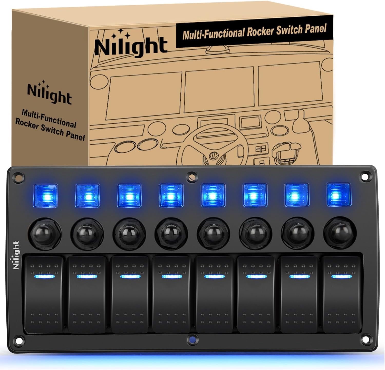 Nilight 8 Gang Rocker Switch Panel Waterproof Pre-Wired Marine with Resettable Circuit Breaker LED Backlight 5A 10A 15A Breakers 12V 24V ON Off 3 PIN Toggle Switches for Car Truck Boat RV