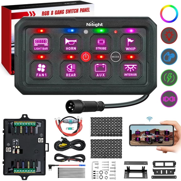 Nilight 8 Gang Switch Panel Circuit Control Relay System APP RGB Backlight Double Row Fuse Wiring Harness Toggle Momentary Strobe Flash Modes Automatic Dimmable 12V 24V for Car Truck Camper SUV