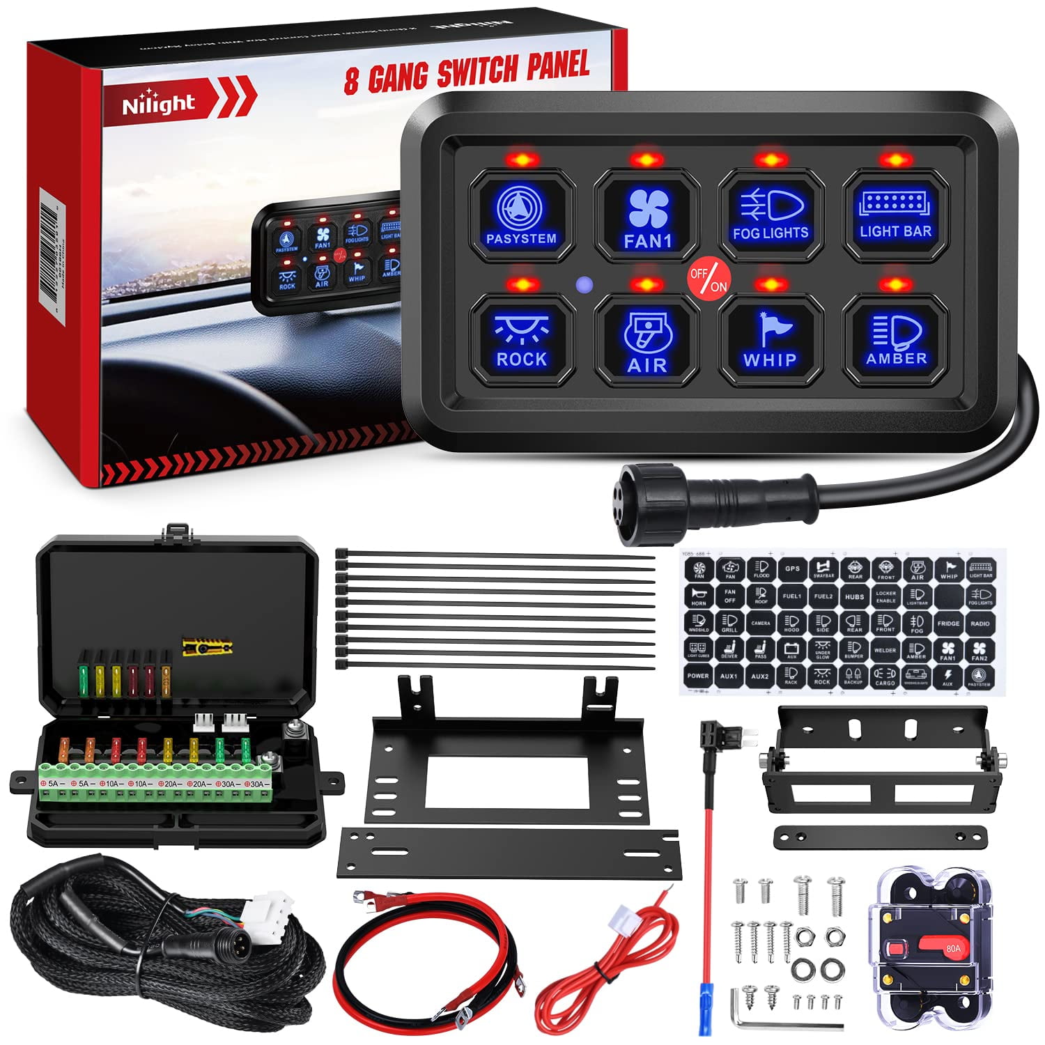 Nilight 8 Gang Switch Panel System Circuit Control Relay System Fuse Wiring Harness Automatic Dimmable ON Off LED Switch Pod for 12V Cars Trucks Campers SUV, 2 Years Warranty,Blue