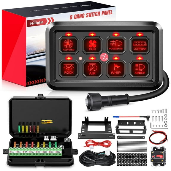 Nilight 8 Gang Switch Panel System Circuit Control Relay System Fuse Wiring Harness Automatic Dimmable ON Off LED Switch Pod for 12V Cars Trucks Campers SUV 2 Years Warranty