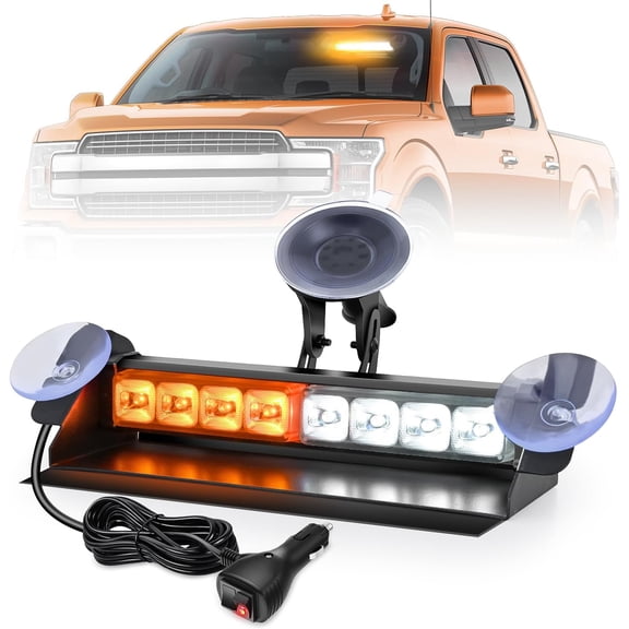 Nilight 8-LED Amber/White Windshield Strobe Warning Light Bar, Traffic Advisor with 18 Patterns, Vacuum Suction Mount and Anti-Glare Shield, 12V-24V Work Trucks