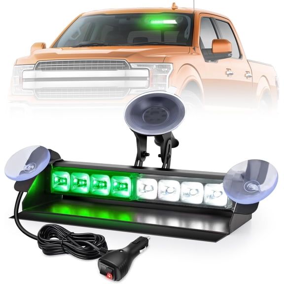 Nilight 8-LED Green/White Windshield Strobe Warning Light Bar, Traffic Advisor with 18 Patterns, Vacuum Suction Mount and Anti-Glare Shield, 12V-24V Work Trucks