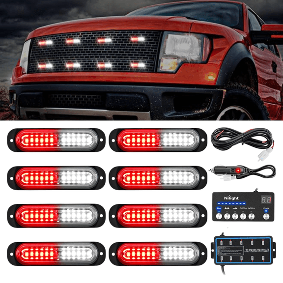 Nilight 8-Pack LED Strobe Light Kit with Controller 12V/24V Sync Function Red and White Flash Lights 12-LED Surface Mount Strobe Warning Lights for Cars Trucks RV ATV
