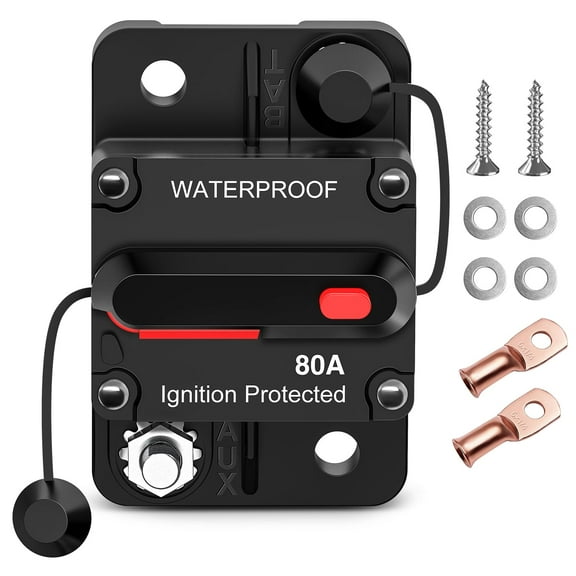 Nilight 80A Circuit Breaker Resettable 12-48V DC Manual Reset w/Copper Wire Lugs Surface Mount Overload Protection for Car Audio Sound Amplifier System RV Marine Boat Truck, 2 Years Warranty