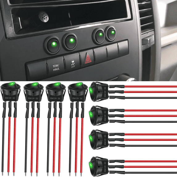 Nilight 8PCS 12V-24V 20A Green LED Round Rocker Toggle Switch 3 Pin SPST ON Off with 16AWG Pre-Soldered Wires for Car Truck Boat Marine