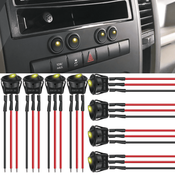 Nilight 8PCS 12V-24V 20A Yellow LED Round Rocker Toggle Switch 3 Pin SPST ON Off with 16AWG Pre-Soldered Wires for Car Truck Boat Marine