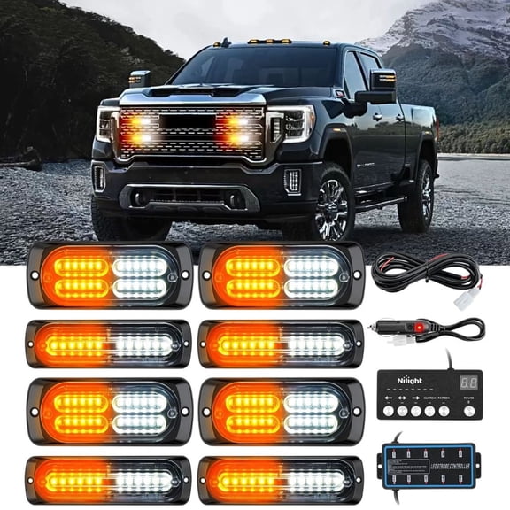 Nilight 8PCS LED Strobe lights 12V Sync Feature Amber White 12 24LED Emergency Hazard Warning Lights with Controller for Cars Trucks RVs Campers