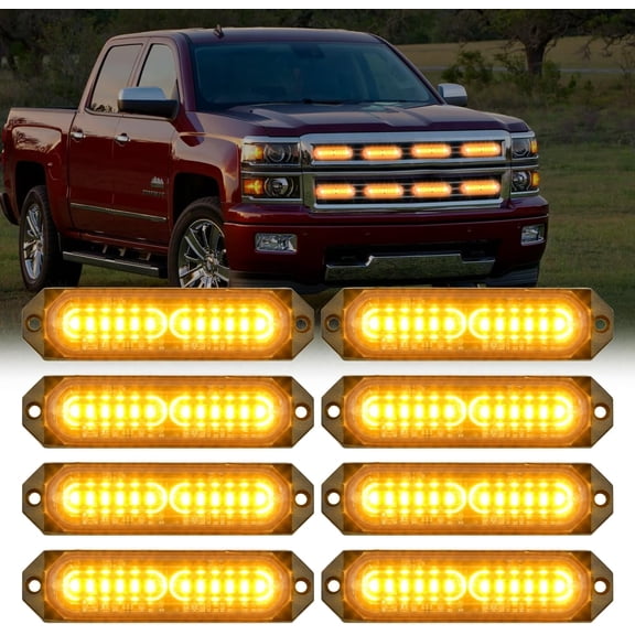 Nilight 8PCS Led Strobe Lights 12LED Amber Light 12V 24V Surface Mount Flashing Warning Hazard Beacon Lights Ultra Slim Sync Feature Mini Grille for Cars Trucks Off Road Vehicles SUV