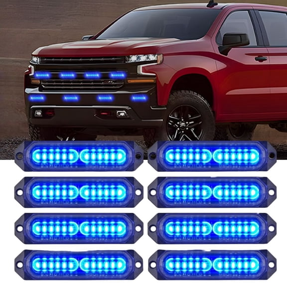 Nilight 8PCS Led Strobe Lights 12LED Blue Emergency Light 12V 24V Surface Mount Flashing Warning Hazard Beacon Lights Ultra Slim Sync Feature Mini Grille for Cars Trucks Off Road Vehicles SUV