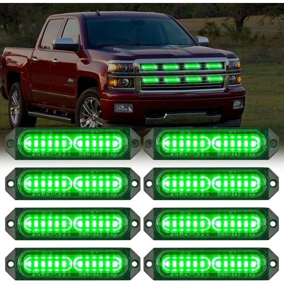 Nilight 8PCS Led Strobe Lights 12LED Green Emergency Light 12V 24V Surface Mount Flashing Warning Hazard Beacon Ultra Slim Sync Feature Mini Grille for Cars Trucks Off Road Vehicles SUV