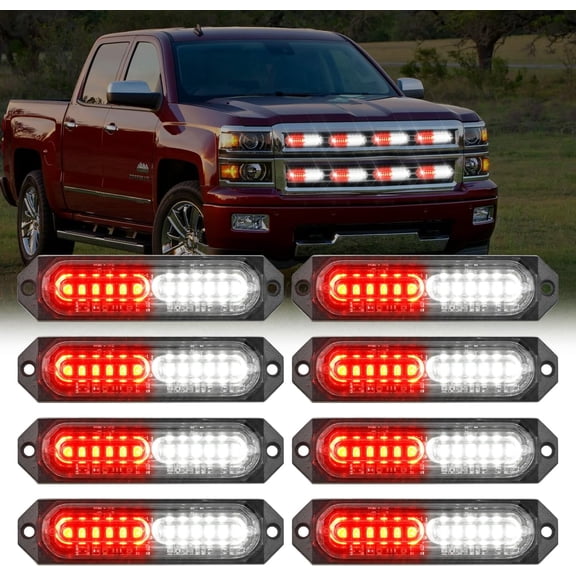 Nilight 8PCS Led Strobe Lights 12LED Red White Light 12V 24V Surface Mount Flashing Warning Hazard Beacon Lights Ultra Slim Sync Feature Mini Grille for Cars Trucks Off Road Vehicles SUV