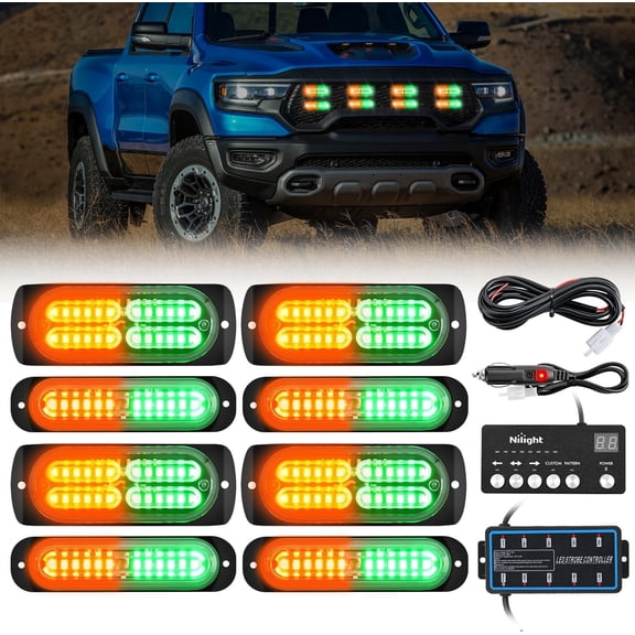 Nilight 8PCS Led Strobe Lights with Controller 12V 24V Sync Feature Amber Green Light 12 24 LED Surface Mount Emergency Hazard Warning for Vehicle Car Truck RV ATV