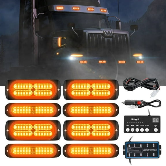 Nilight 8PCS Led Strobe Lights with Controller 12V 24V Sync Feature Amber Light 12 24 LED Surface Mount Emergency Hazard Warning for Vehicle Car Truck RV ATV