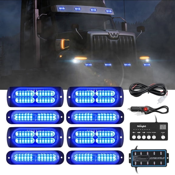 Nilight 8PCS Led Strobe Lights with Controller 12V 24V Sync Feature Blue Emergency Hazard Warning Light 12 24 LED Surface Mount for Vehicle Car Truck RV ATV
